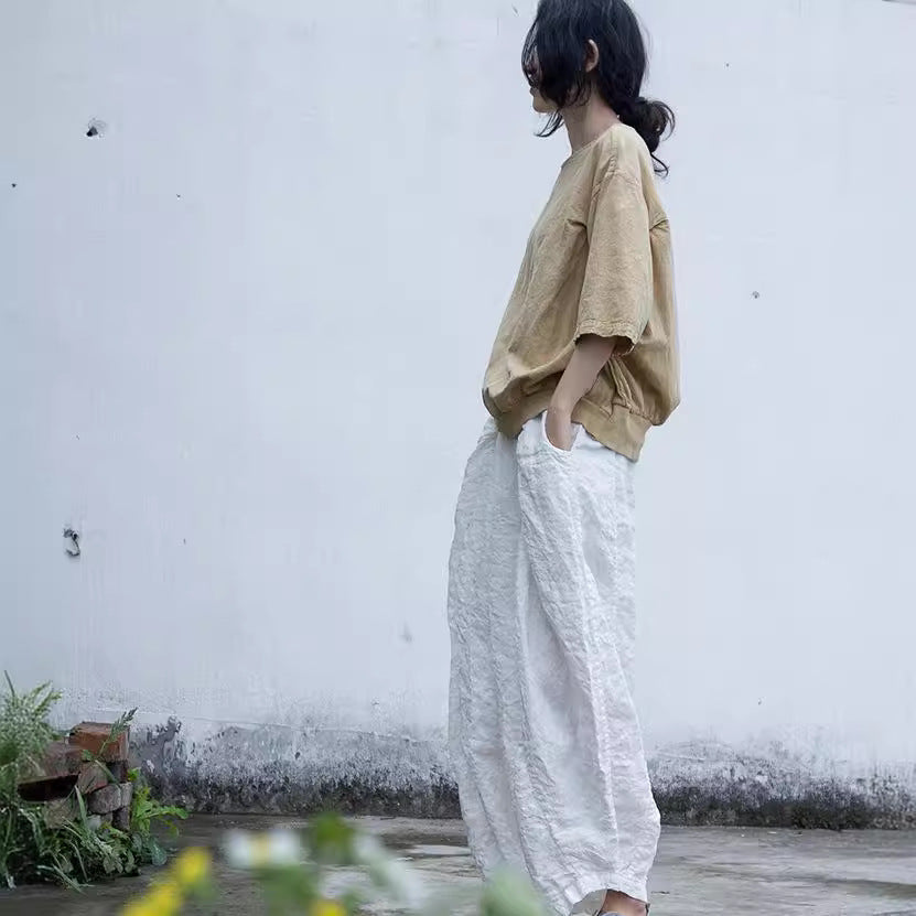 Shan Qian Nianyi, spring and summer design new linen washed casual pants literary simplicity white high-texture wide-leg pants