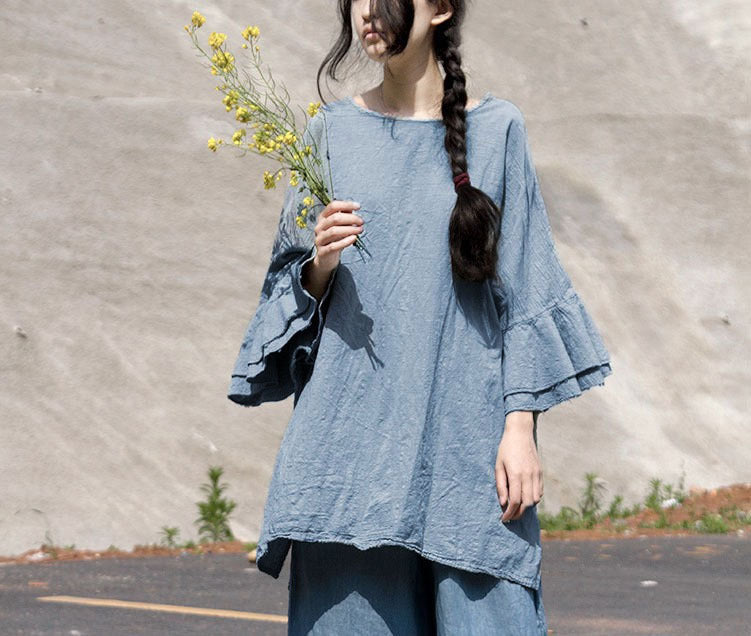 Shan Qian Nianyi, simple design sand wash loose casual literary summer linen cotton lotus leaf sleeve top