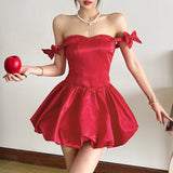 2025 style popular winter new women's clothing fluffy pleated skirt design shoulder bow dress