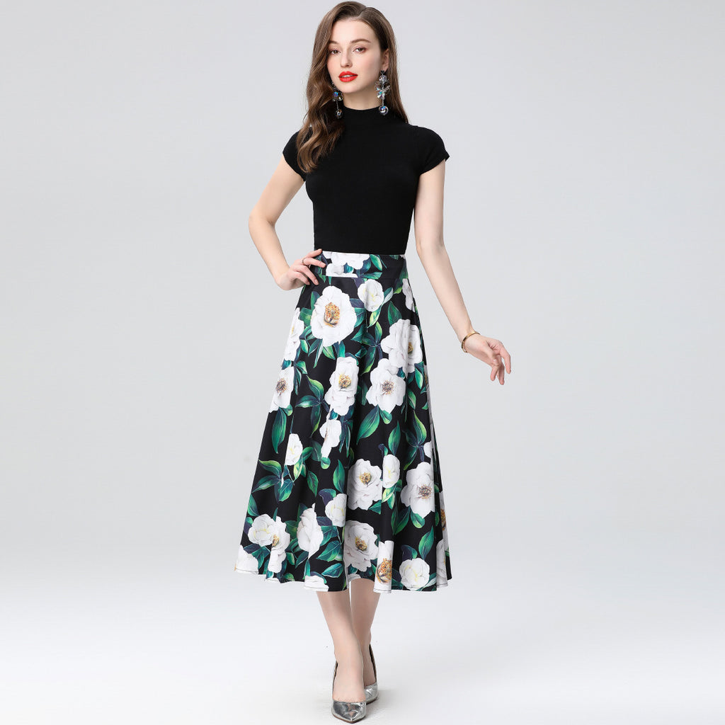 Floral skirt set Women's  early spring new wear a complete set of knitted cardigan tops two-piece set
