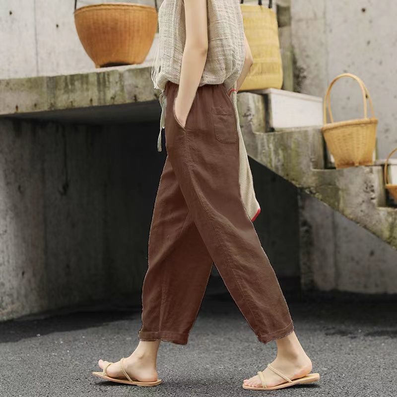 Nine-point pants Harlan pants women's  summer new thin casual pants high waist loose large size elastic waist wide-leg pants