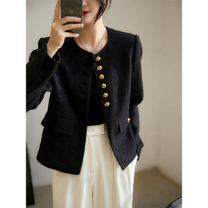 2025 Heavy black gold buckle wool small fragrance short coat texture sense advanced sense spring and autumn  spring women's clothing short