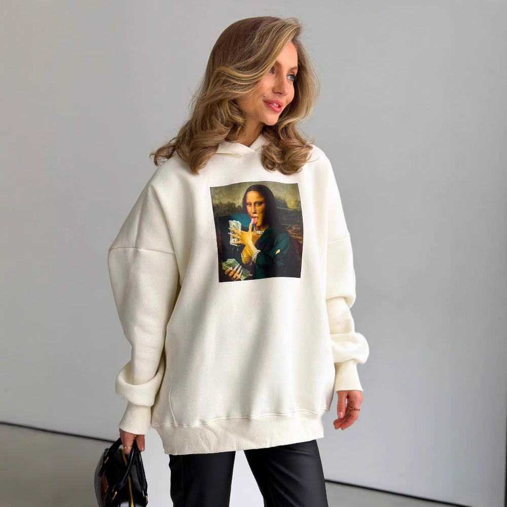 Mona Lisa funny fun print hooded loose lazy oversize long sleeve sweater jacket women