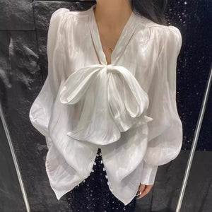 2025 popular autumn new bow lace-up mercerized shirt for women, Korean version of temperament socialite loose long-sleeved top for women