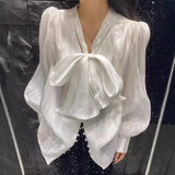 2025 popular autumn new bow lace-up mercerized shirt for women, Korean version of temperament socialite loose long-sleeved top for women