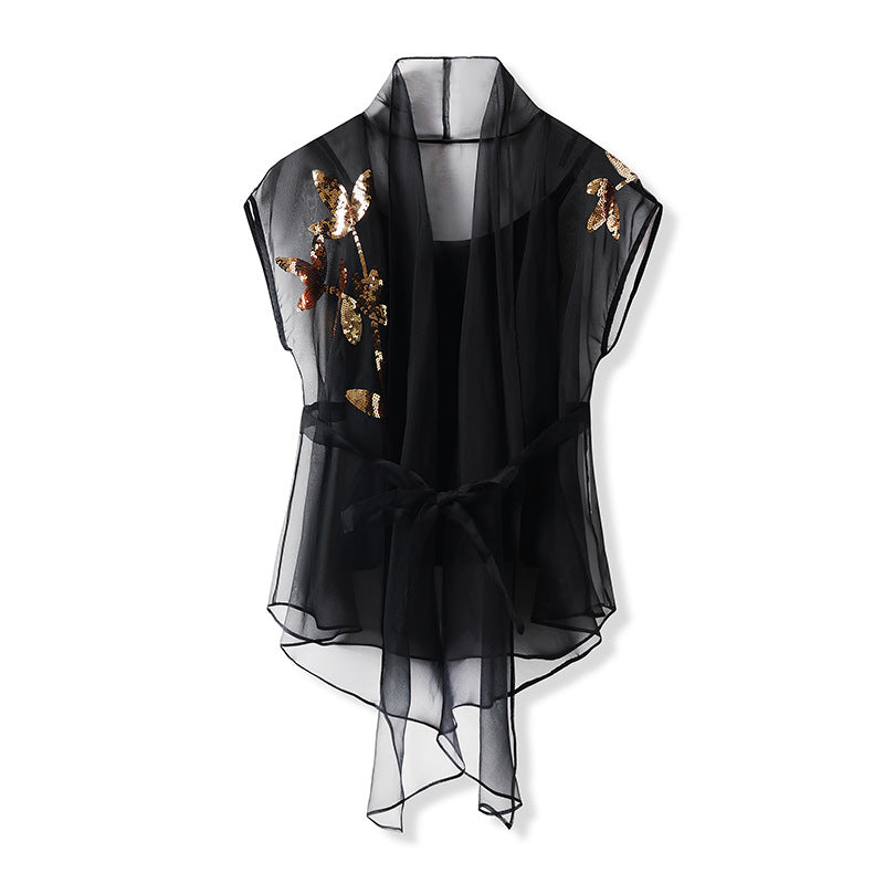 New Chinese style national style embroidery simple mesh mulberry silk sequined jacket slim temperament outer top M3084