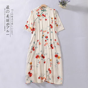 summer new temperament national style literary pomegranate printing Chinese style improved cheongsam loose retro dress women
