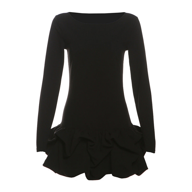 2025 style popular autumn new women's clothing elegant pleated hem design solid color slim-fitting long-sleeved dress