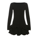 2025 style popular autumn new women's clothing elegant pleated hem design solid color slim-fitting long-sleeved dress