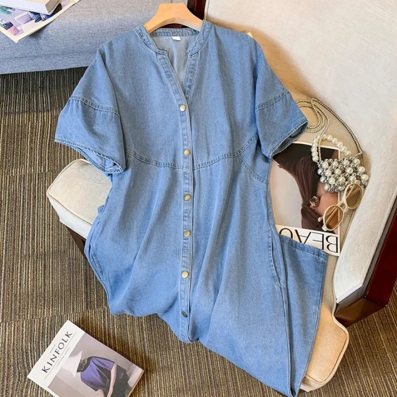 casual denim thin slim dress women's summer dress new fat mm fashion versatile meat cover medium and long dress