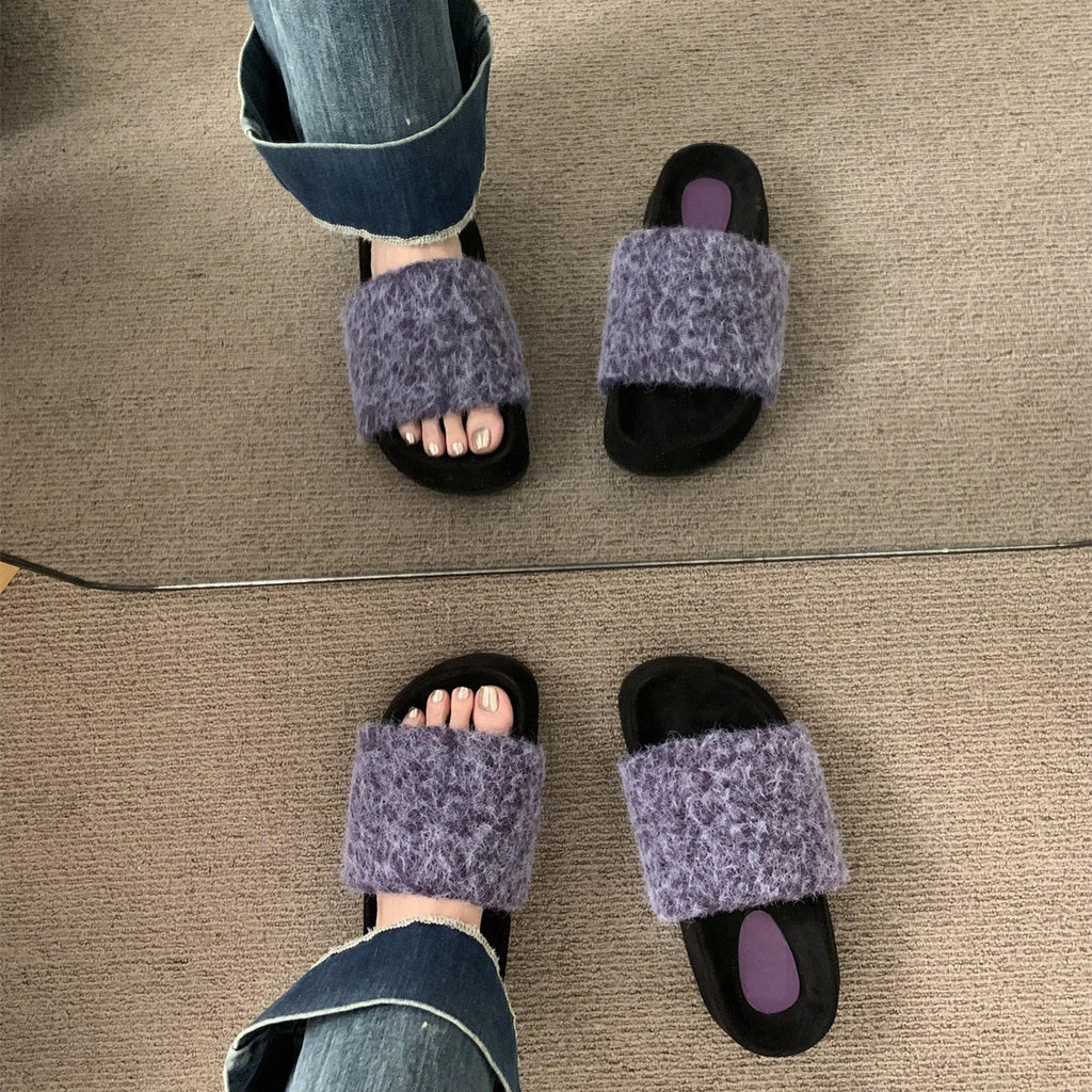 2025  Warm winter~ Mao Mao shoes women's heightened thick soles popular spring and autumn evening breeze soft soles one-word plush cotton slippers outer wear