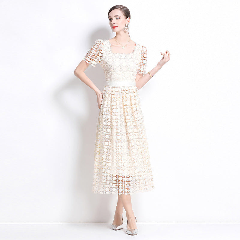 women's clothing spring and summer  new square collar bubble sleeves sweet dress heavy industry lace thin umbrella swing length