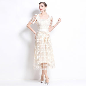 Summer  Retro Premium Sense Water Soluble Lace Sexy Square Neck Bubble Sleeve Waist Dress Slim Fit Long Dress