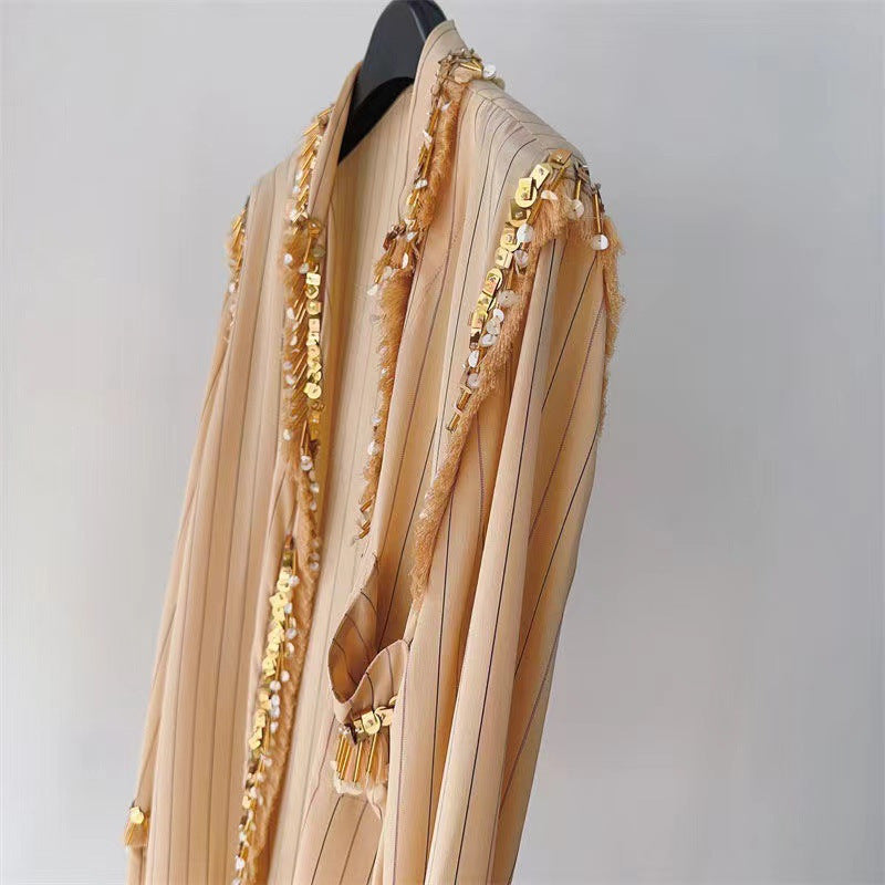 2025 Heavy Industry popular early autumn new handmade beaded sequins imitation silk shirt jacket cardigan top women