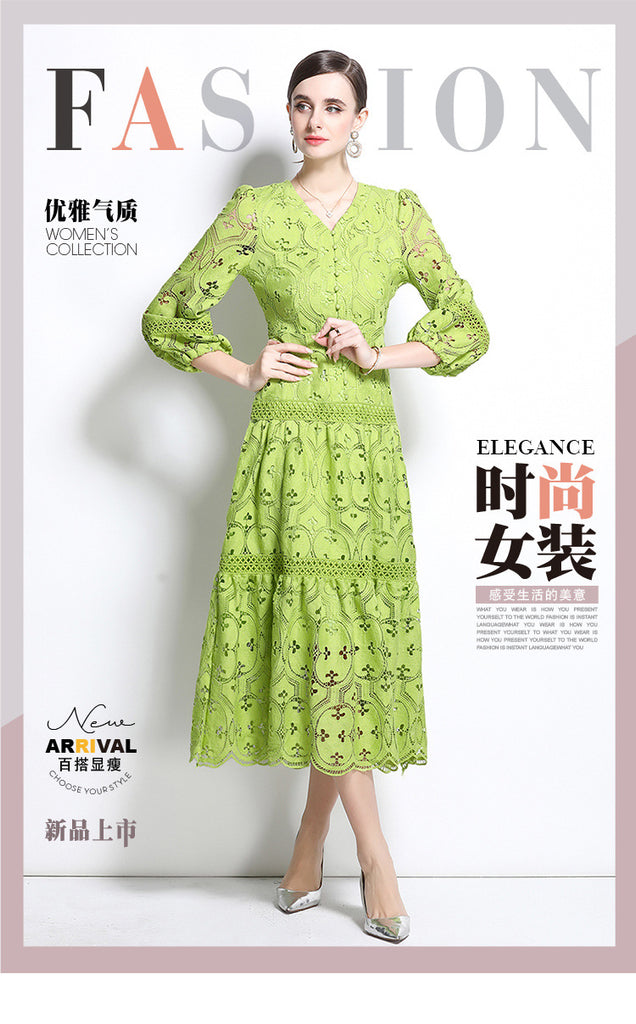 spring new women's dress new  retro hollowed crochet waist lantern sleeve big swing dress