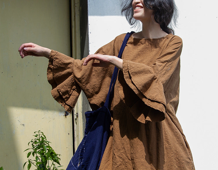 Shan Qian Nianyi, simple design sand wash loose casual literary summer linen cotton lotus leaf sleeve top