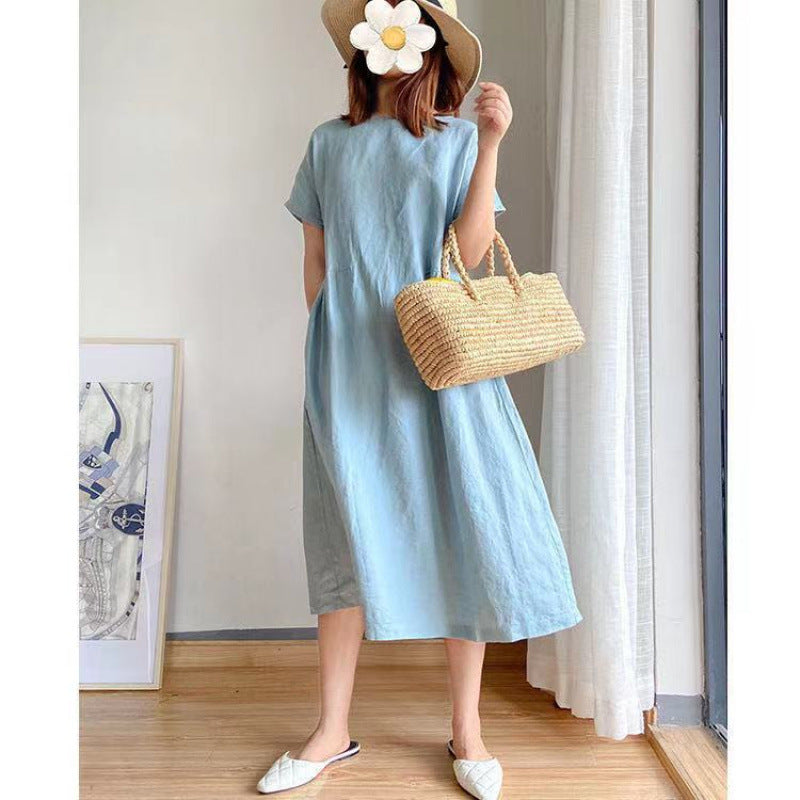Simple literary and artistic fan loose and thin cotton and linen dress women's summer  new large size fat mm medium and long skirt