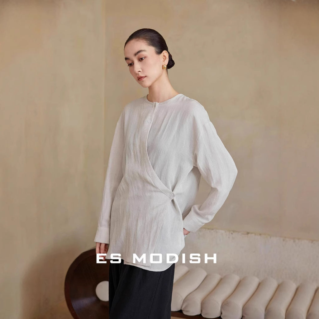 2025 ES MODISH spring new product niche design sense round neck side buckle solid color loose Tencel casual shirt girls