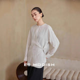 2025 ES MODISH spring new product niche design sense round neck side buckle solid color loose Tencel casual shirt girls