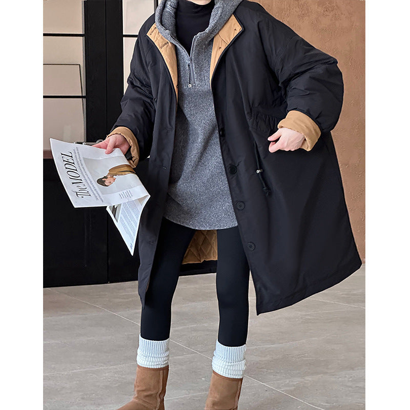 2025 popular winter new padded jacket retro versatile lapel breasted knee long warm cotton clothes F365