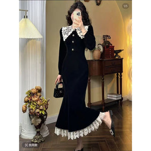2025 Noble temperament mermaid Hepburn style black fishtail retro long-sleeved slim dress winter  spring dress