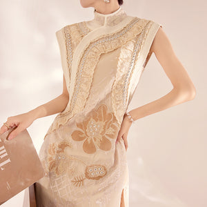 winter new Chinese light luxury stand-up collar bead embroidery sleeveless silk national style vest long dress set MY012
