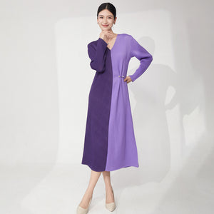 2025 Summer dress women's summer commuting 2025v collar contrasting color loose large size long sleeve temperament elegant  long skirt