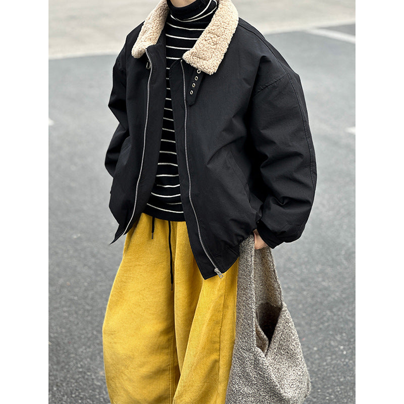 2025 popular autumn and winter new Korean version splicing lamb wool lapel thickened warm white duck down cotton clothes 820-2