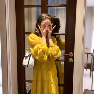 2025 Coffee Break  Square Collar Court Style Dress Women's Early Autumn New Platycodon Fairy Long Dress Waist Temperament Skirt