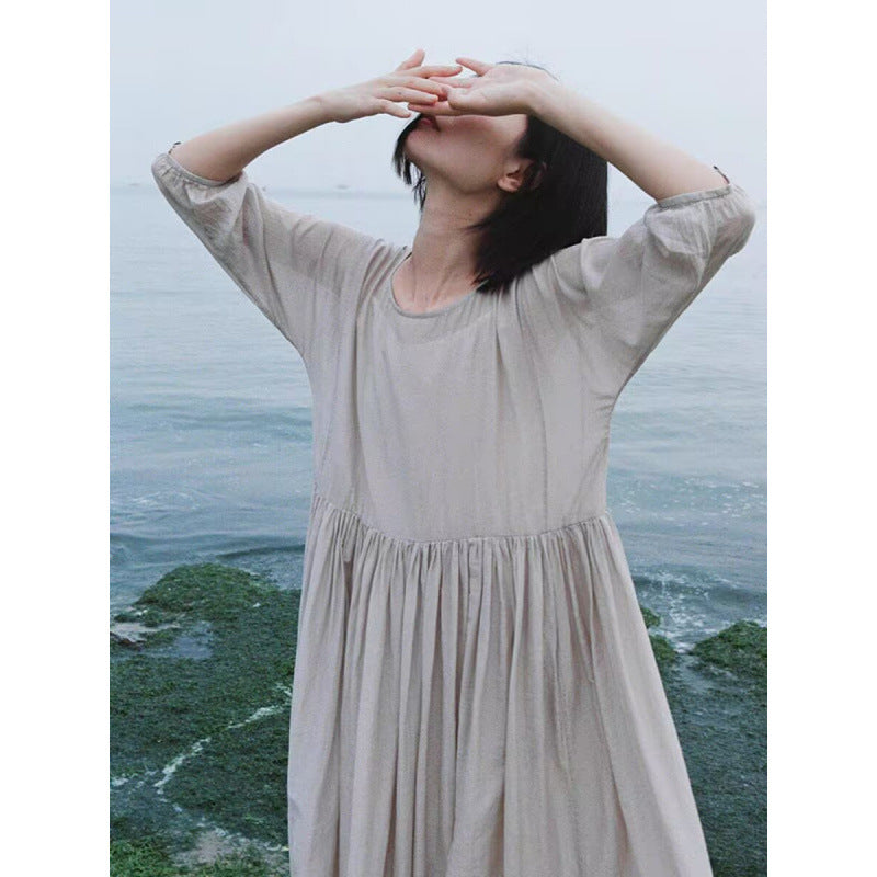 spring and summer new solid color simple fat MM loose large size thin dress medium and long women's five-quarter sleeve women's dress