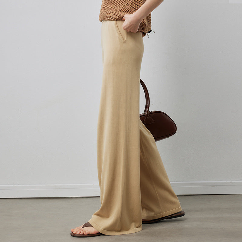 GOOSUDU Women's Narrow Wide-Leg Pants with Mulberry Silk  Spring and Summer Draping Silky High Waist Straight Pants Mopping Ice Silk Trousers