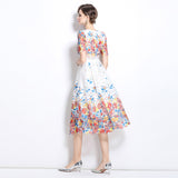 New hollow water-soluble lace print dress women's thin temperament round neck short sleeve medium and long skirt