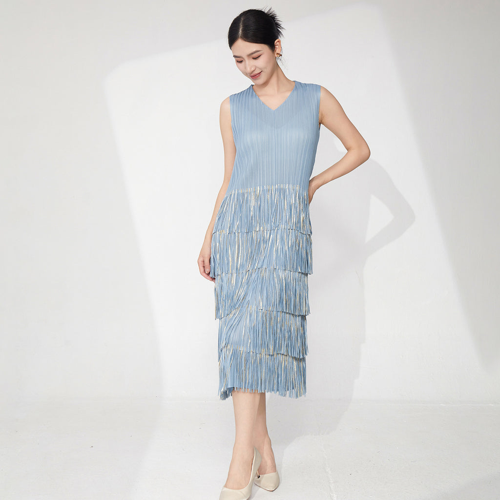 2025 Women's summer suit two-piece skirt bronzing blazer sleeveless fringed dress temperament commuter pleated suit