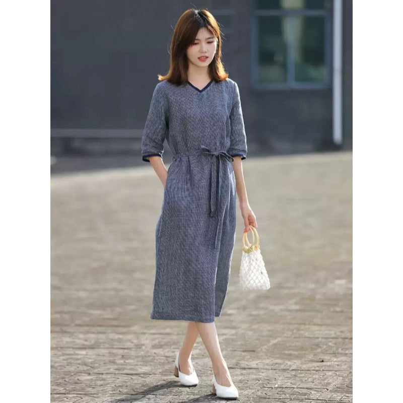summer new yarn-dyed plaid medium and long casual temperament v-neck lace-up slim five-quarter-sleeved dress, women