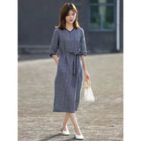 summer new yarn-dyed plaid medium and long casual temperament v-neck lace-up slim five-quarter-sleeved dress, women