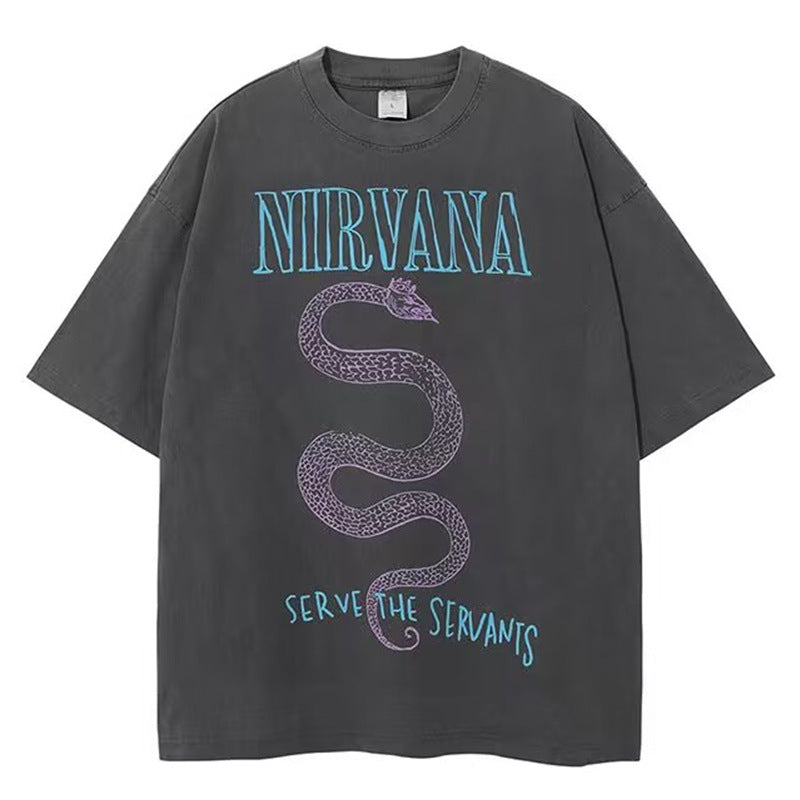 GOOSUDU Nirvana Band Rock Nirvana Cobain Cococoben Worn Looking Washed-out Vintage Batik Loose T-shirt