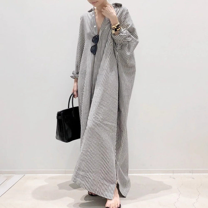 Japanese New loose large-size long-sleeved striped cotton and linen shirt skirt spring and autumn Korean version fat MM knee-length dress dress