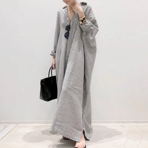 Japanese New loose large-size long-sleeved striped cotton and linen shirt skirt spring and autumn Korean version fat MM knee-length dress dress