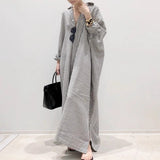 Japanese New loose large-size long-sleeved striped cotton and linen shirt skirt spring and autumn Korean version fat MM knee-length dress dress
