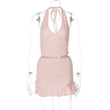 GOOSUDU 2025 New sexy V-neck hollow neck vest tight ultra-short solid color fungus edge short skirt set two-piece set
