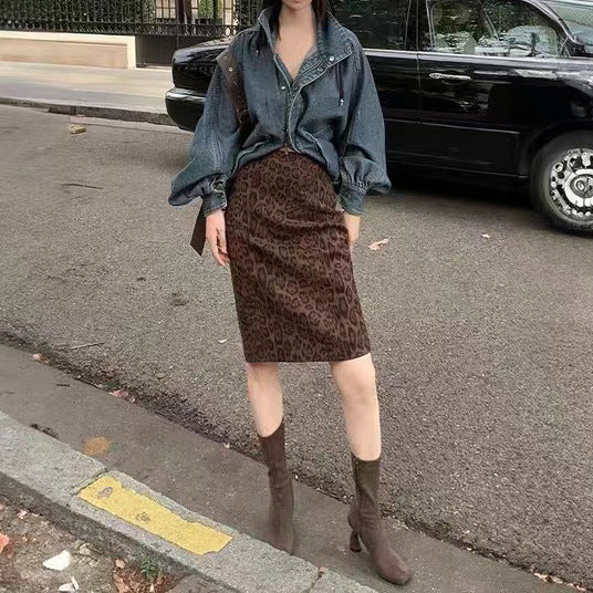 2025 popular autumn new leopard print skirt fashionable versatile women's retro printing autumn and winter casual temperament