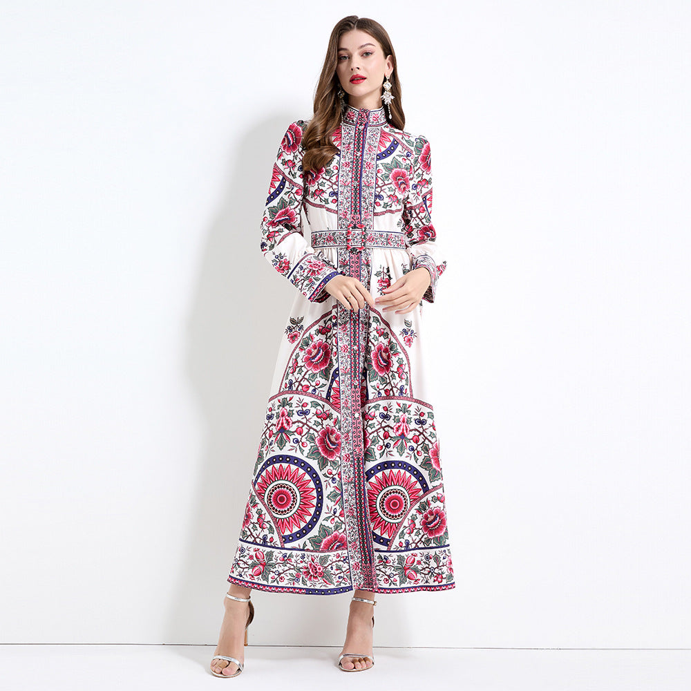 Popular trade women's clothing stand-up collar lantern sleeve retro positioning printing long sleeve waist ruffle edge dress