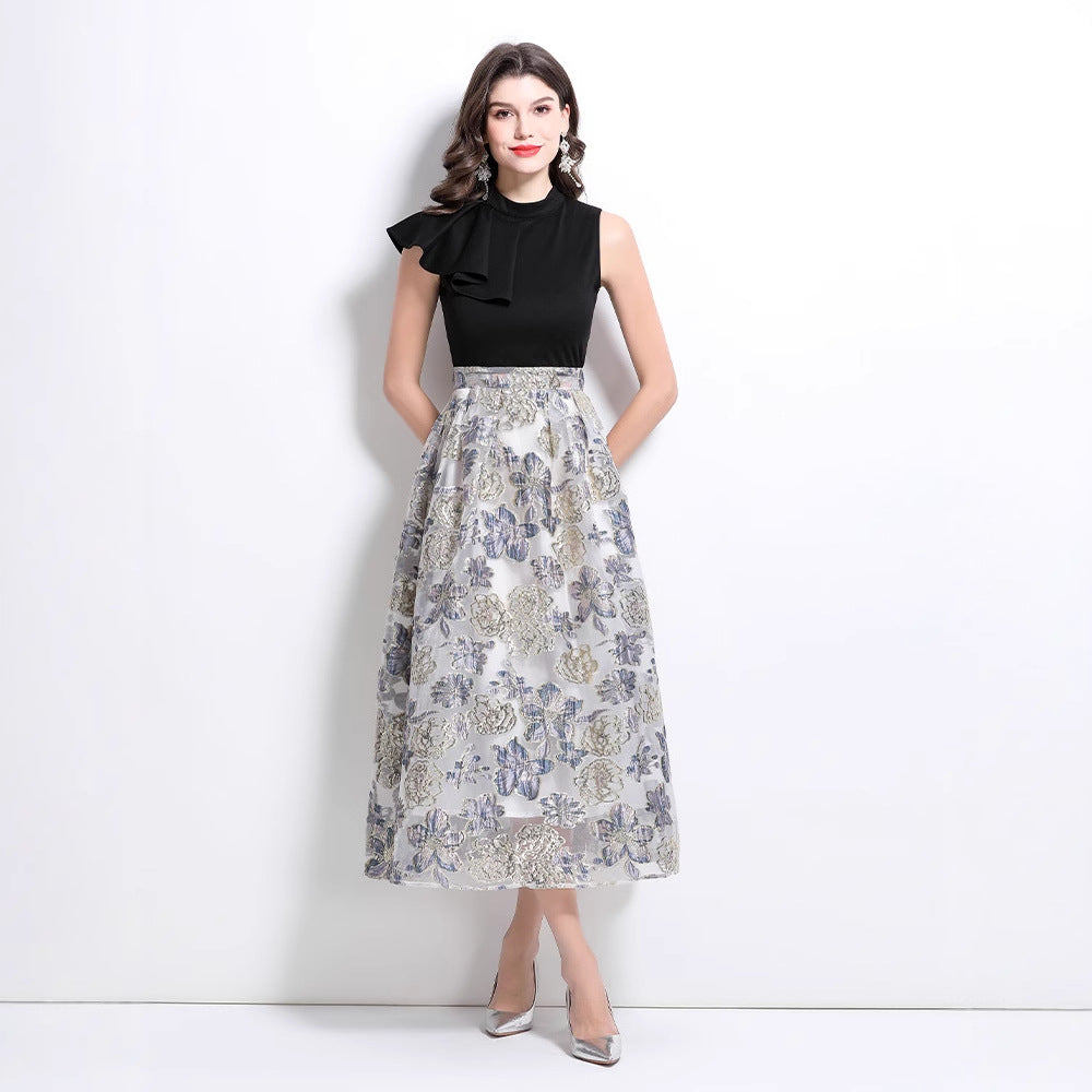 Popular trade women's clothing  spring and summer new heavy industry jacquard retro stand-up collar ruffle dress dress