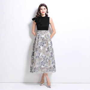 Popular trade women's clothing  spring and summer new heavy industry jacquard retro stand-up collar ruffle dress dress