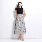 Popular trade women's clothing  spring and summer new heavy industry jacquard retro stand-up collar ruffle dress dress