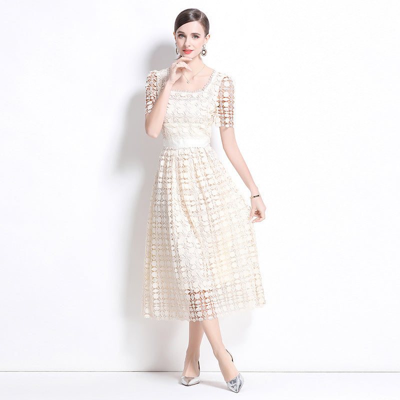 Summer  Retro Premium Sense Water Soluble Lace Sexy Square Neck Bubble Sleeve Waist Dress Slim Fit Long Dress