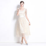 Summer  Retro Premium Sense Water Soluble Lace Sexy Square Neck Bubble Sleeve Waist Dress Slim Fit Long Dress