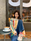 Rainbow Striped Sweater Women Pullovers Fall Winter New O Neck Long Sleeve Knit Tops Korean Chic Warm Tassel Jumpers