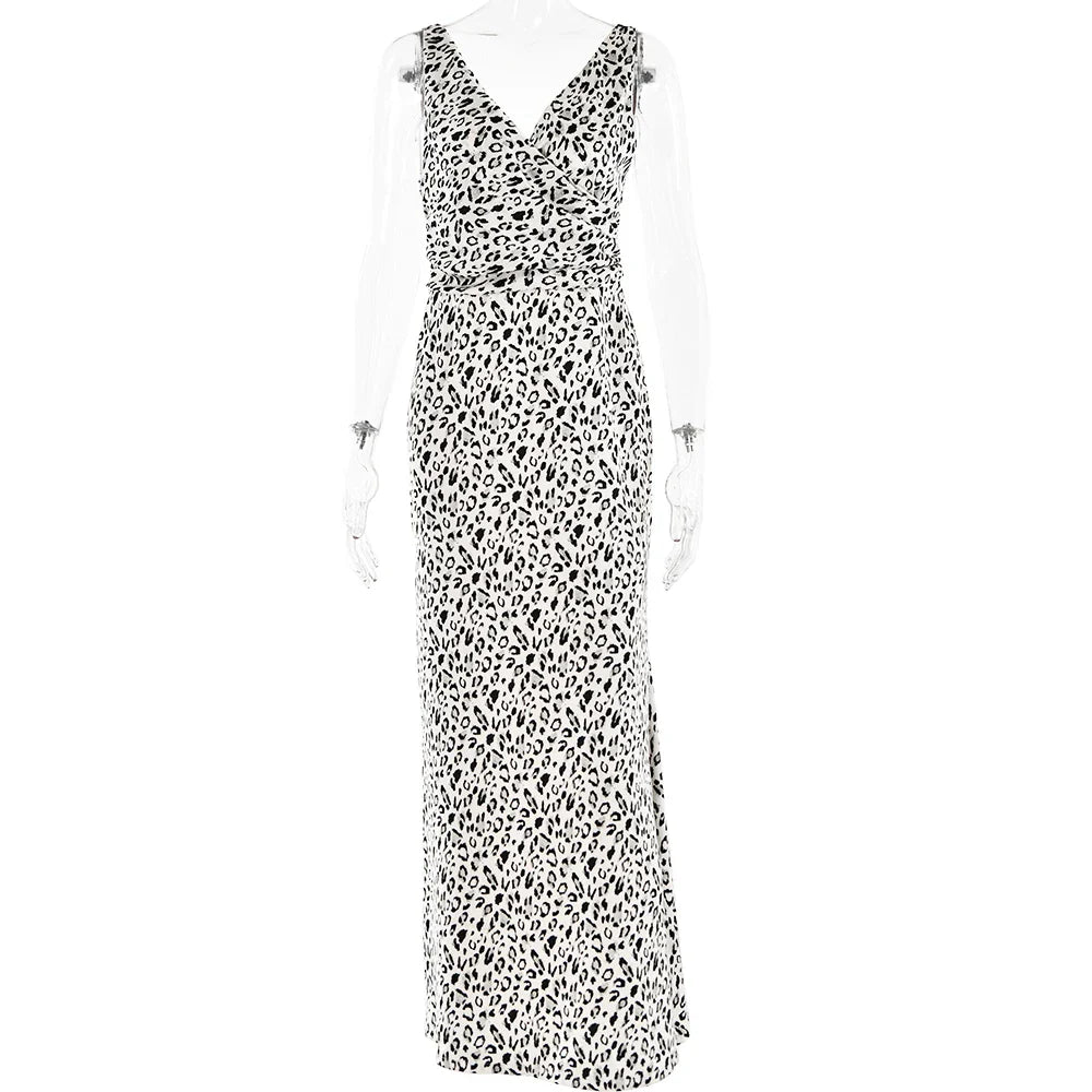 Elegant Deep V Neck Backless Slim Evening Long Dress Women Sexy Leopard Print Slip Maxi Dress Party Clubwear new