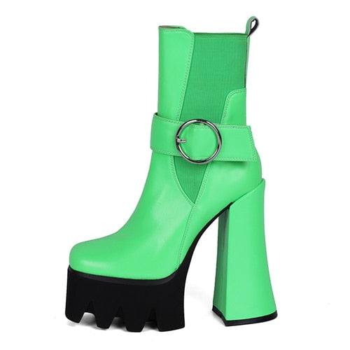 Spring and Autumn New Thick Heel Waterproof Platform Square Toe Short Boots Green Fashion Women's Boots Genuine Leather